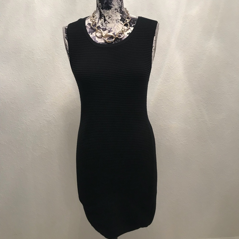 Aqua Ribbed Black Body Con Dress w/Gold Necklace
